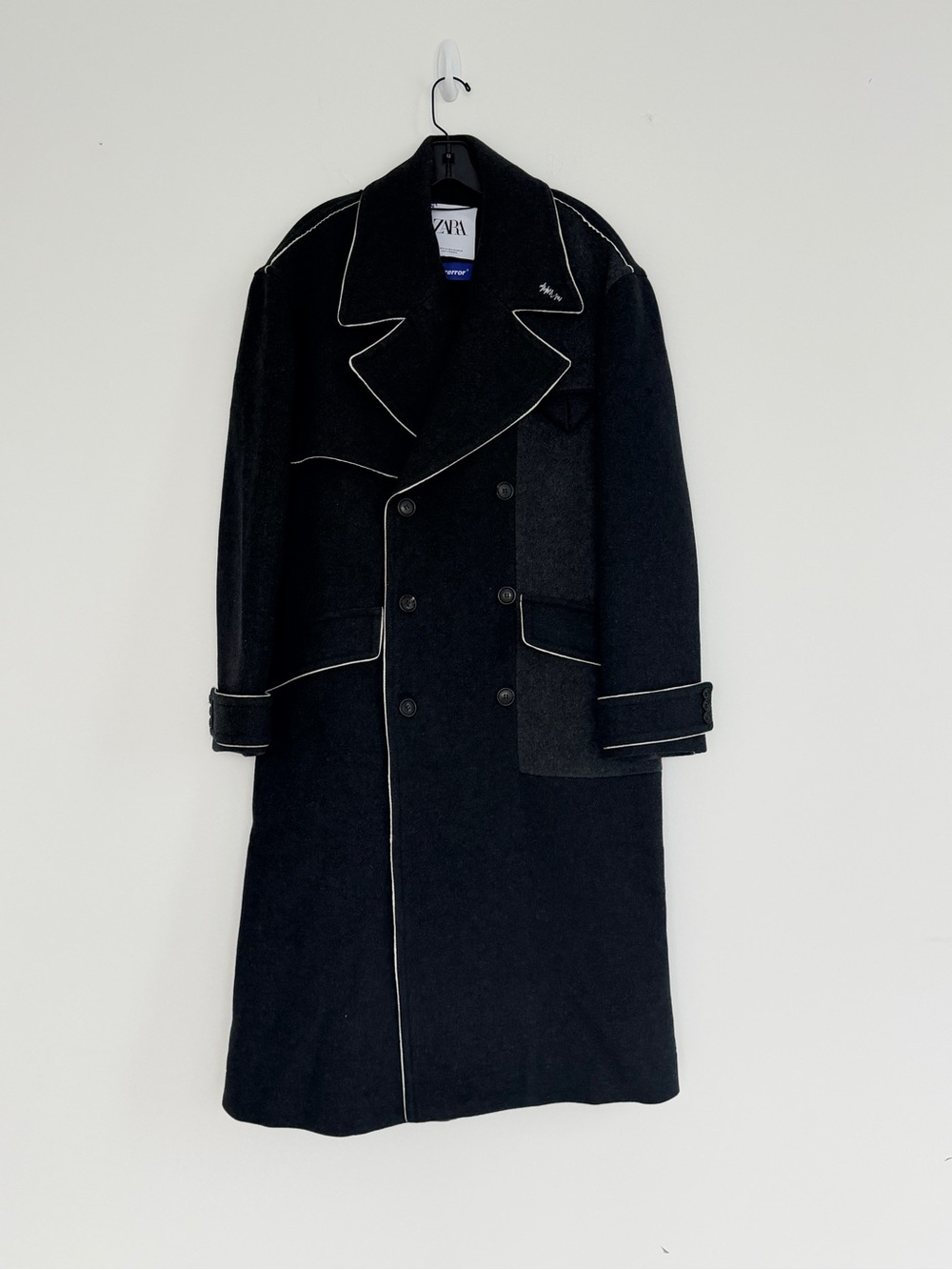 Zara Ader Error Black Wool Double-Breasted Coat with Contrast Piping